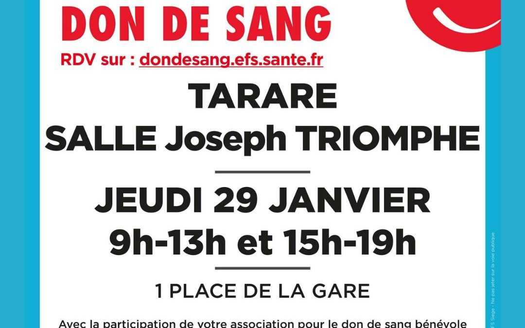 Tarare – Jeudi 29 janvier – Don de sang