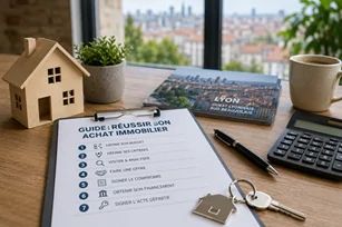 guide-achat-immobilier-ouest-lyonnais Documents et clés symbolisant les différentes étapes d’un achat immobilier réussi à Lyon, avec guide, calculatrice et vue sur la ville en arrière-plan.