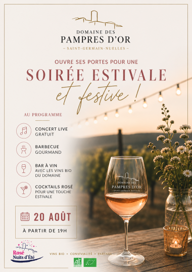 Saint-Germain-Nuelles – 20 août 2026 : Instants Rosé aux Pampres d&rsquo;Or, la soirée estivale à ne pas manquer 🍷