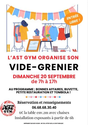 Tarare – Dimanche 20 septembre 2026 : Vide-grenier de l&rsquo;AST Gym à la Halle des Marchés 🛍️