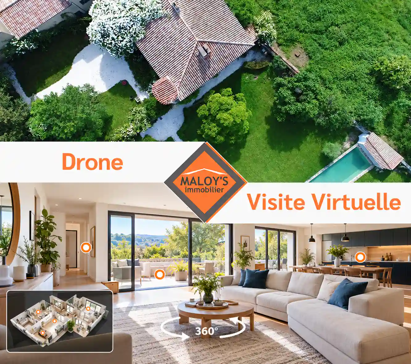 Drone-et-visite-virtuelle-immobilière Vue aérienne par drone et visite virtuelle immobilière 360° proposées par MALOY'S Immobilier dans l'Ouest Lyonnais et les Pierres Dorées.